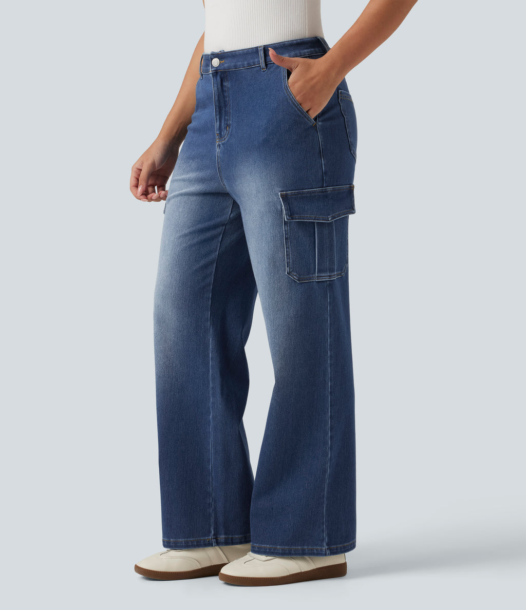 Mid Rise Straight Leg Casual Cargo Jeans with Pockets — Gulf Stream Blue Denim — view 3