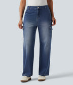 Mid Rise Straight Leg Casual Cargo Jeans with Pockets — Gulf Stream Blue Denim — view 1