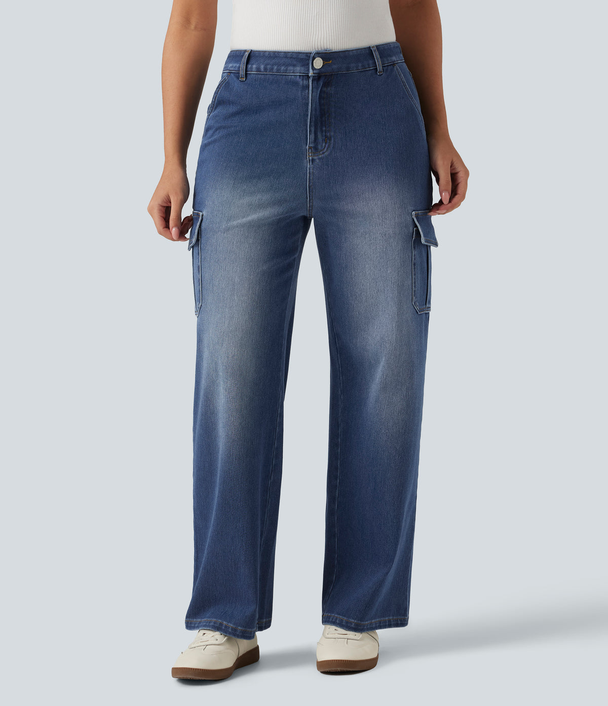 Mid Rise Straight Leg Casual Cargo Jeans with Pockets — Gulf Stream Blue Denim — view 1