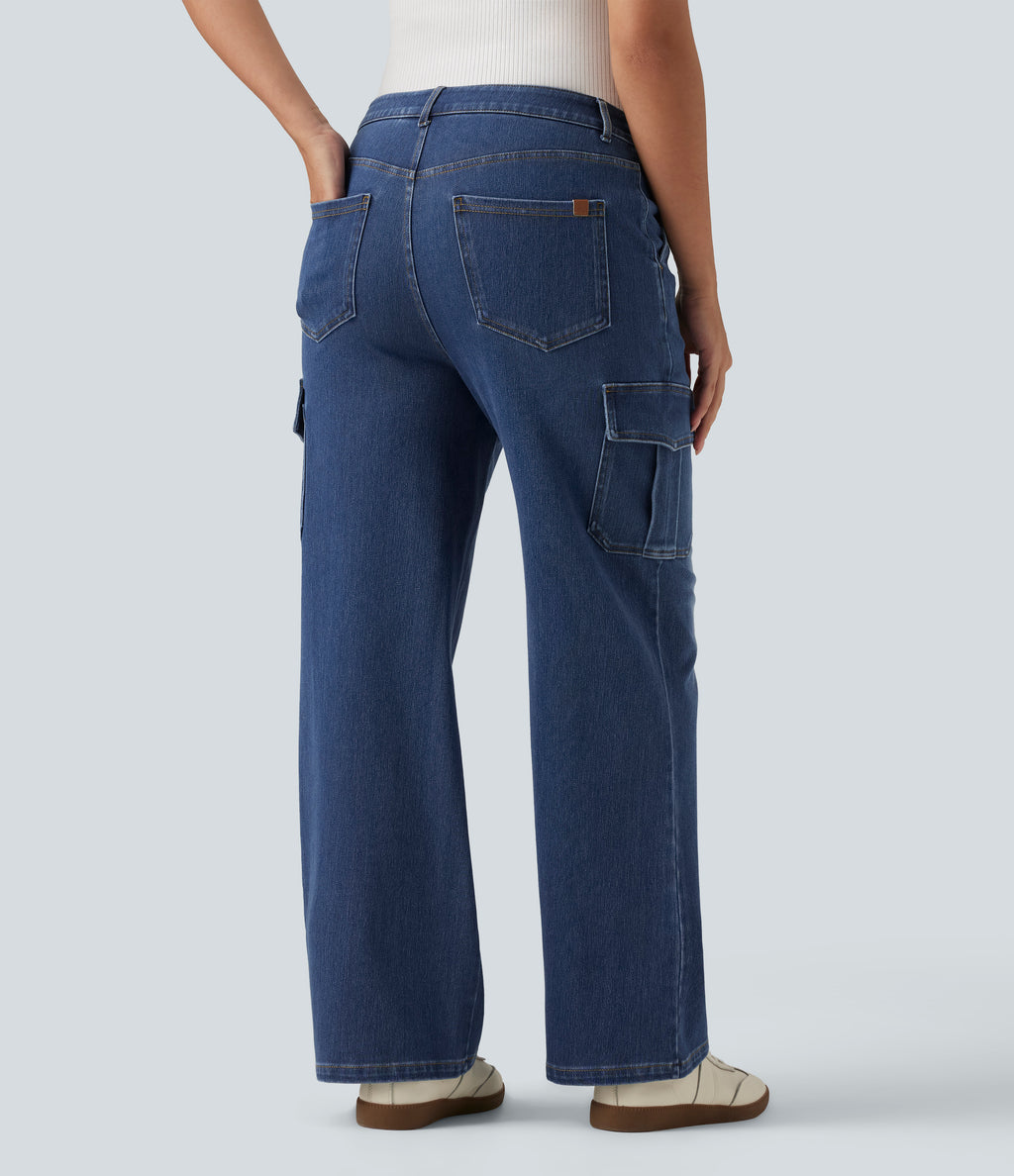 Mid Rise Straight Leg Casual Cargo Jeans with Pockets — Gulf Stream Blue Denim — view 2