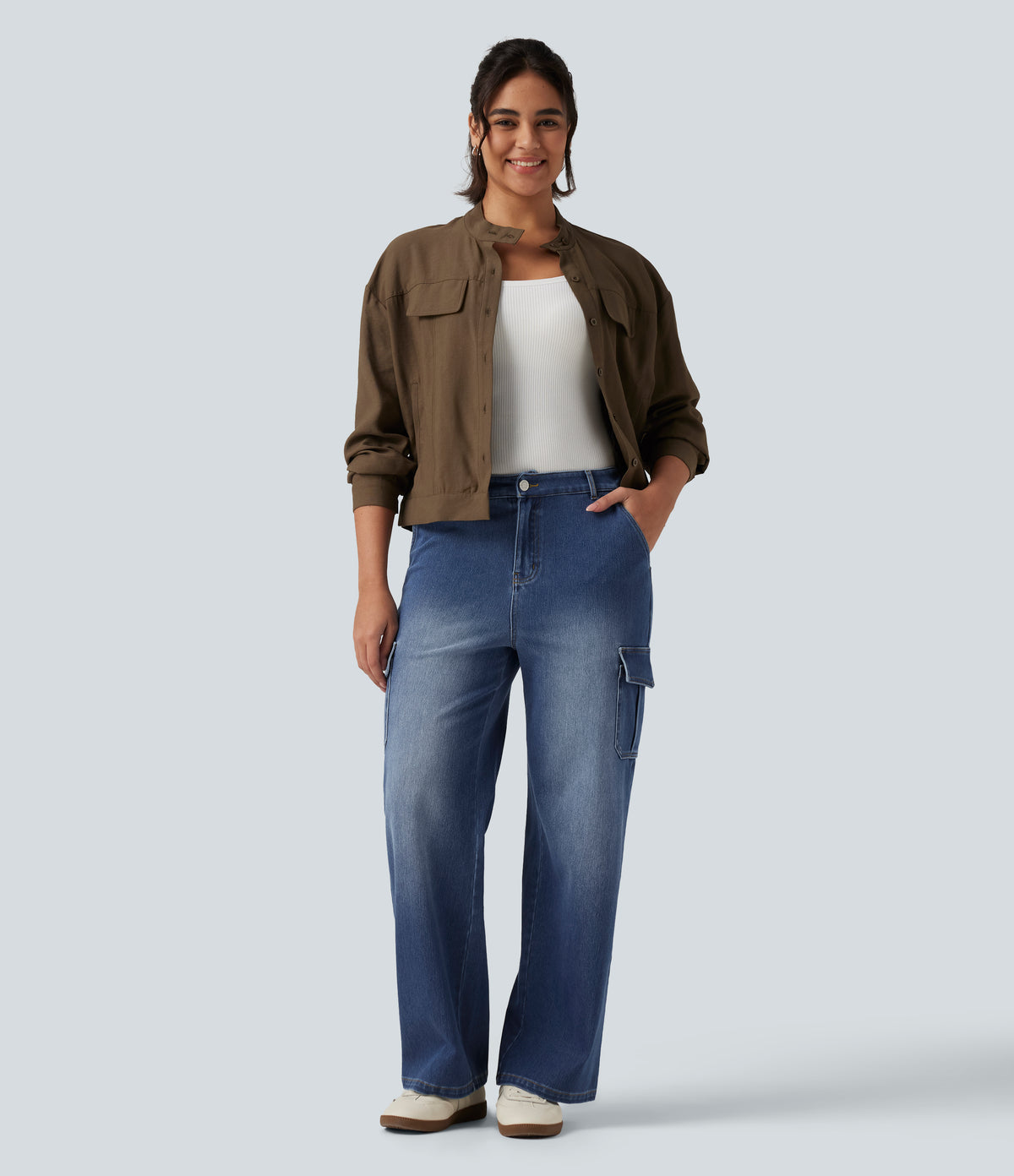 Mid Rise Straight Leg Casual Cargo Jeans with Pockets — Gulf Stream Blue Denim — view 8