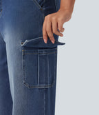 Mid Rise Straight Leg Casual Cargo Jeans with Pockets — Gulf Stream Blue Denim — view 6