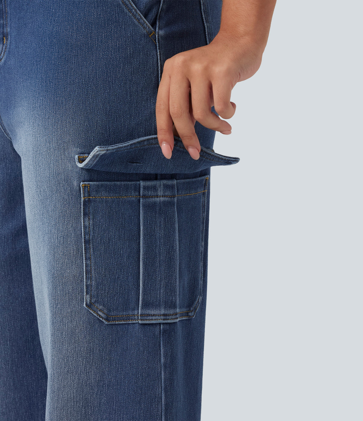 Mid Rise Straight Leg Casual Cargo Jeans with Pockets — Gulf Stream Blue Denim — view 6