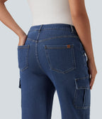 Mid Rise Straight Leg Casual Cargo Jeans with Pockets — Gulf Stream Blue Denim — view 5