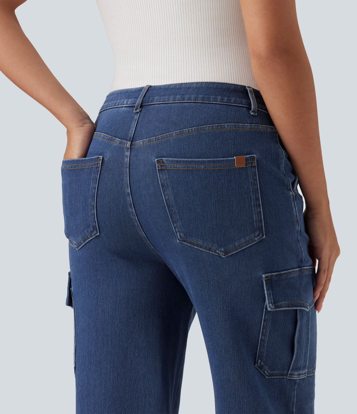Mid Rise Straight Leg Casual Cargo Jeans with Pockets — Gulf Stream Blue Denim — view 5