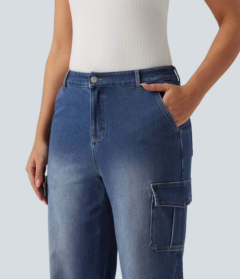 Mid Rise Straight Leg Casual Cargo Jeans with Pockets — Gulf Stream Blue Denim — view 4