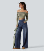 Denim Heat High Waisted Wide Leg Casual Jeans with Pockets — Estate Blue Denim — view 7
