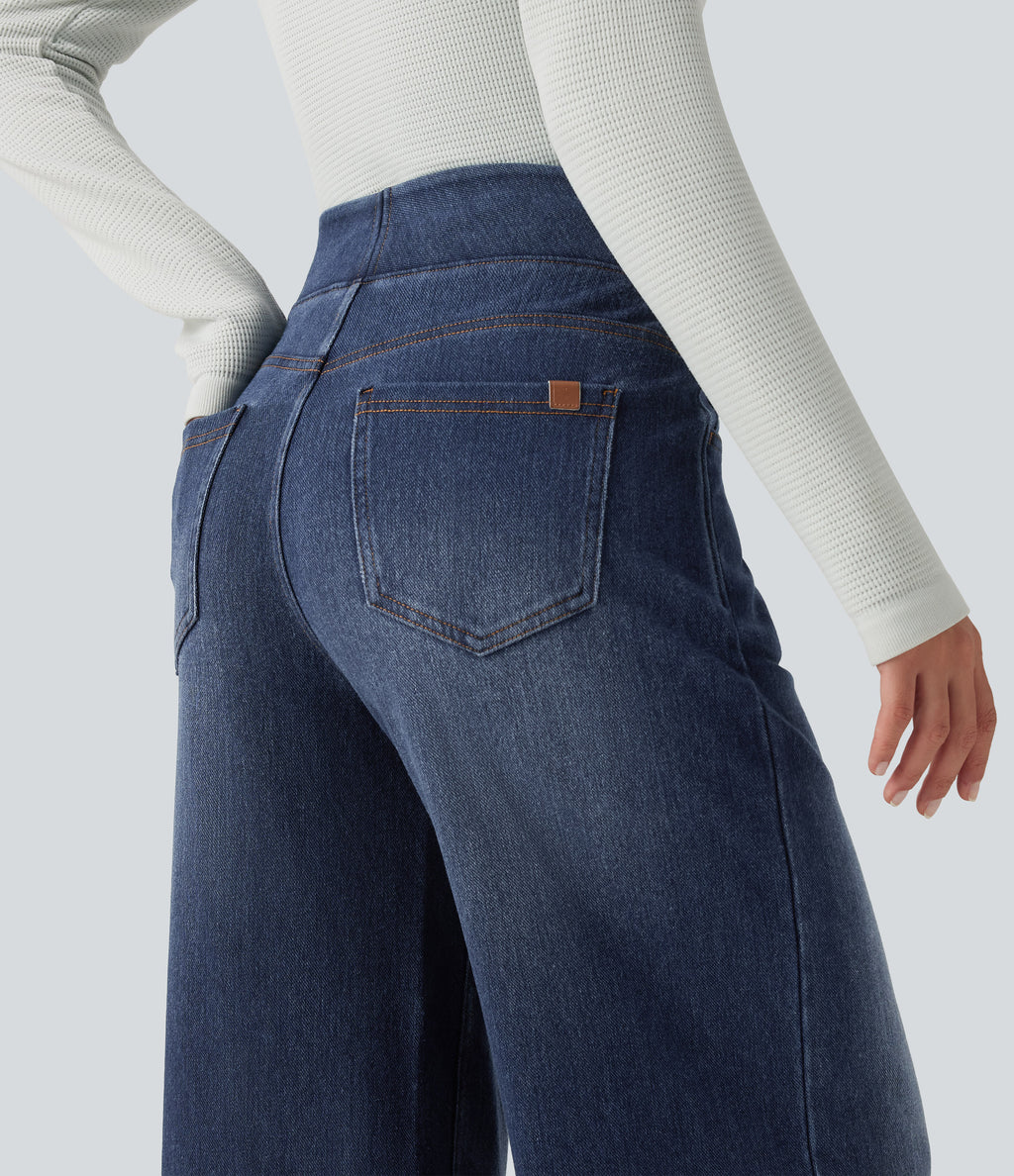 Denim Heat High Waisted Wide Leg Casual Jeans with Pockets — Estate Blue Denim — view 5