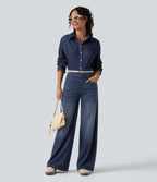 Denim Heat High Waisted Wide Leg Casual Jeans with Pockets — Estate Blue Denim — view 8
