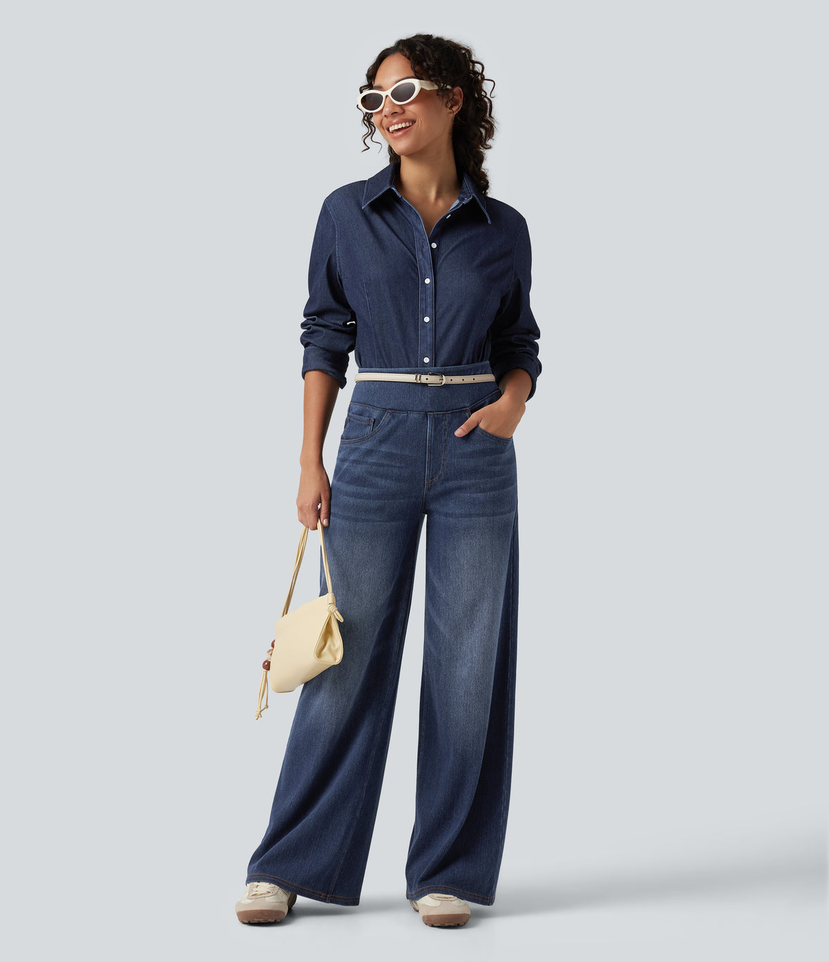 Denim Heat High Waisted Wide Leg Casual Jeans with Pockets — Estate Blue Denim — view 8