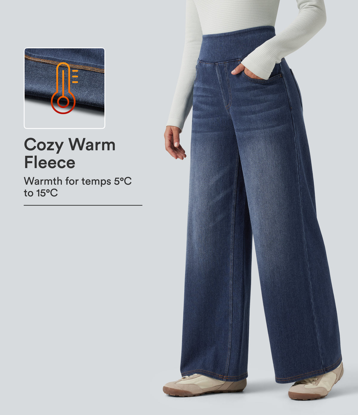 Denim Heat High Waisted Wide Leg Casual Jeans with Pockets — Estate Blue Denim — view 1