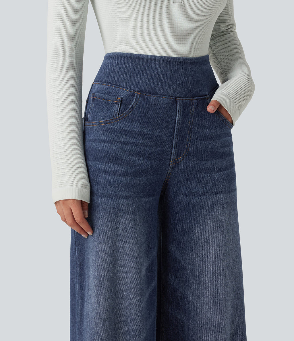 Denim Heat High Waisted Wide Leg Casual Jeans with Pockets — Estate Blue Denim — view 4