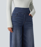 Denim Heat High Waisted Wide Leg Casual Jeans with Pockets — Estate Blue Denim — view 4
