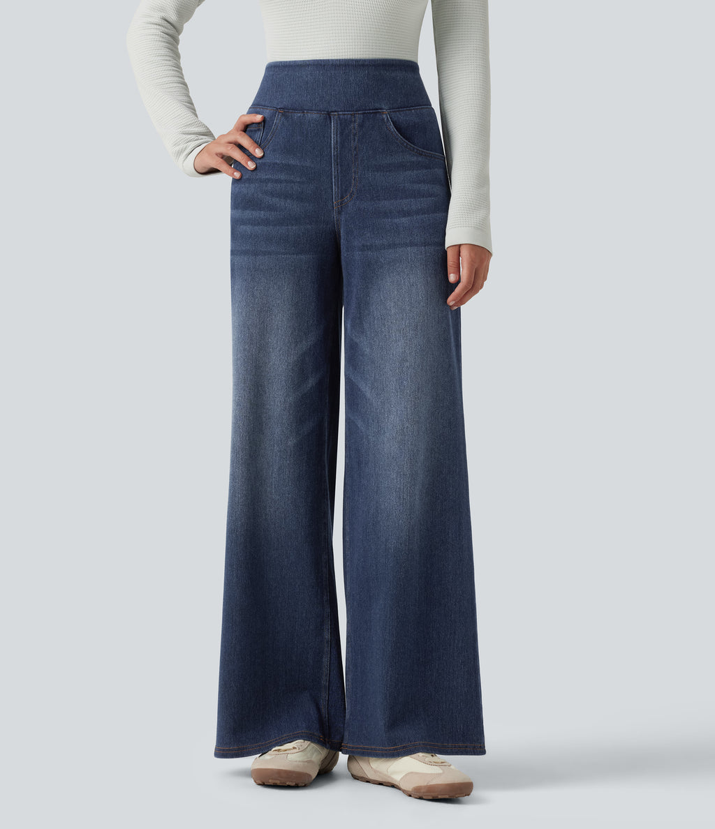 Denim Heat High Waisted Wide Leg Casual Jeans with Pockets — Estate Blue Denim — view 3