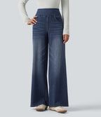 Denim Heat High Waisted Wide Leg Casual Jeans with Pockets — Estate Blue Denim — view 3