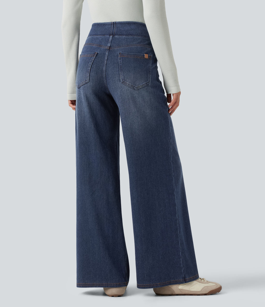 Denim Heat High Waisted Wide Leg Casual Jeans with Pockets — Estate Blue Denim — view 2