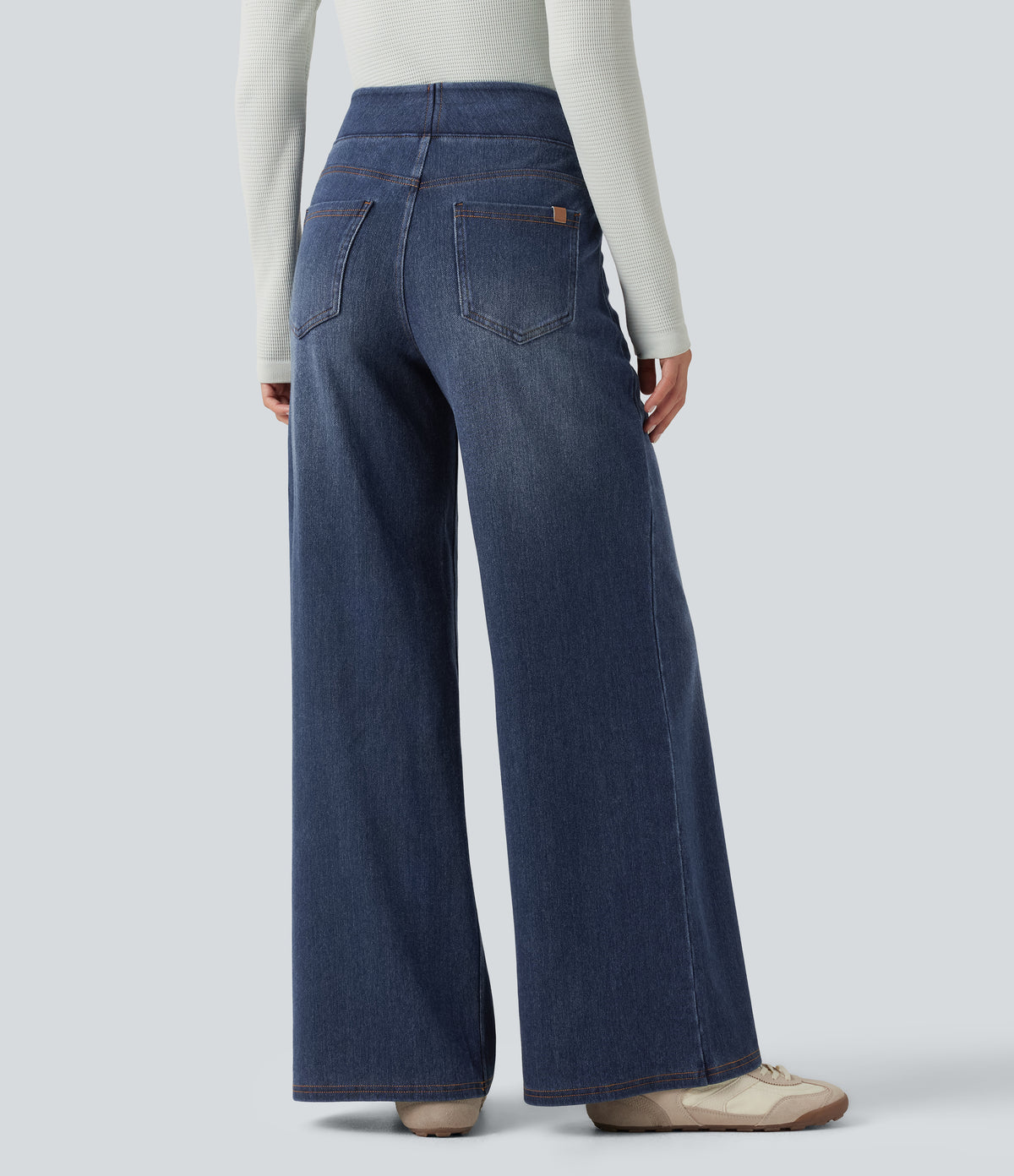 Denim Heat High Waisted Wide Leg Casual Jeans with Pockets — Estate Blue Denim — view 2