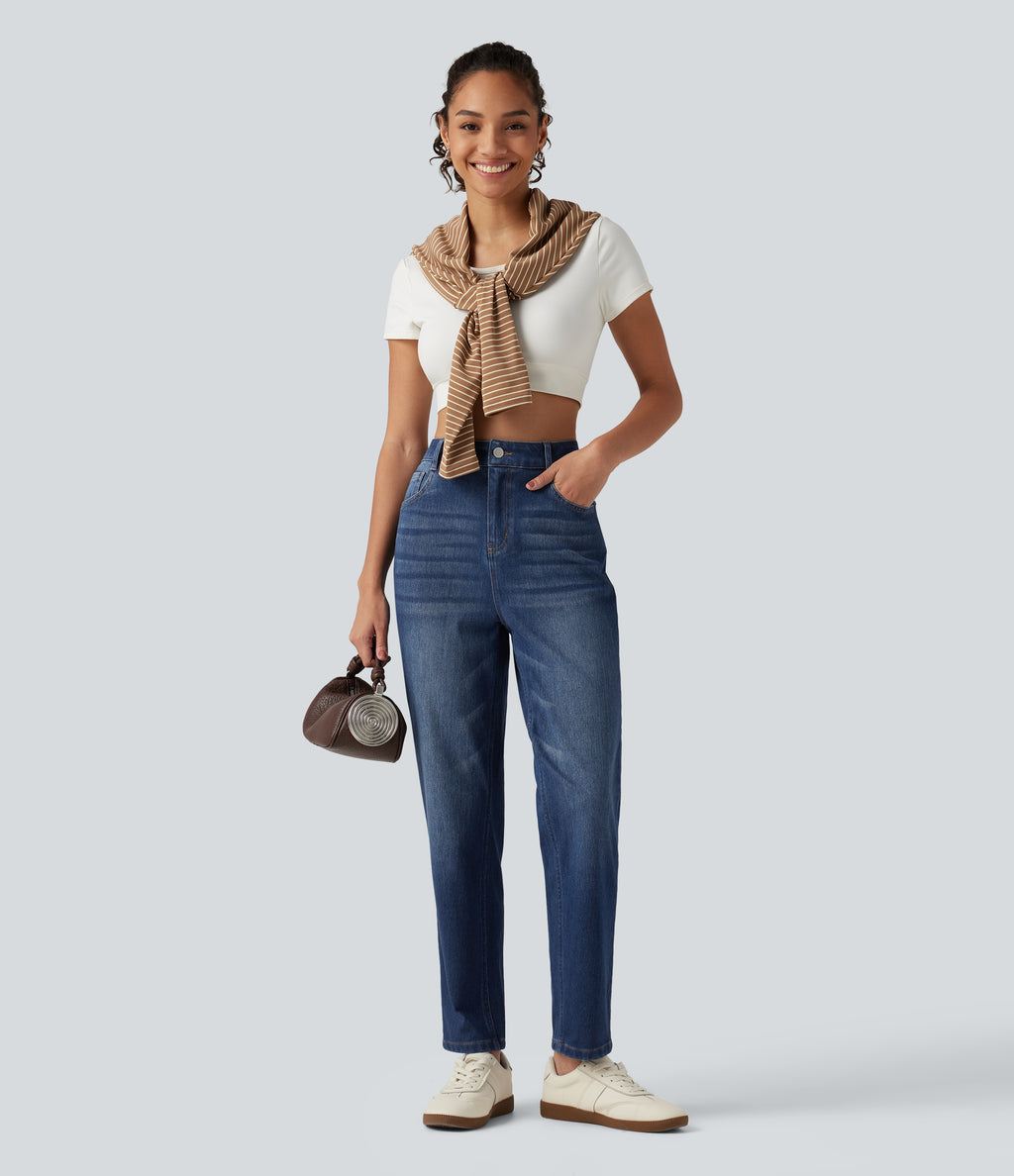 High Waisted Tapered Casual Jeans with Pockets — Tide Blue Denim — view 8