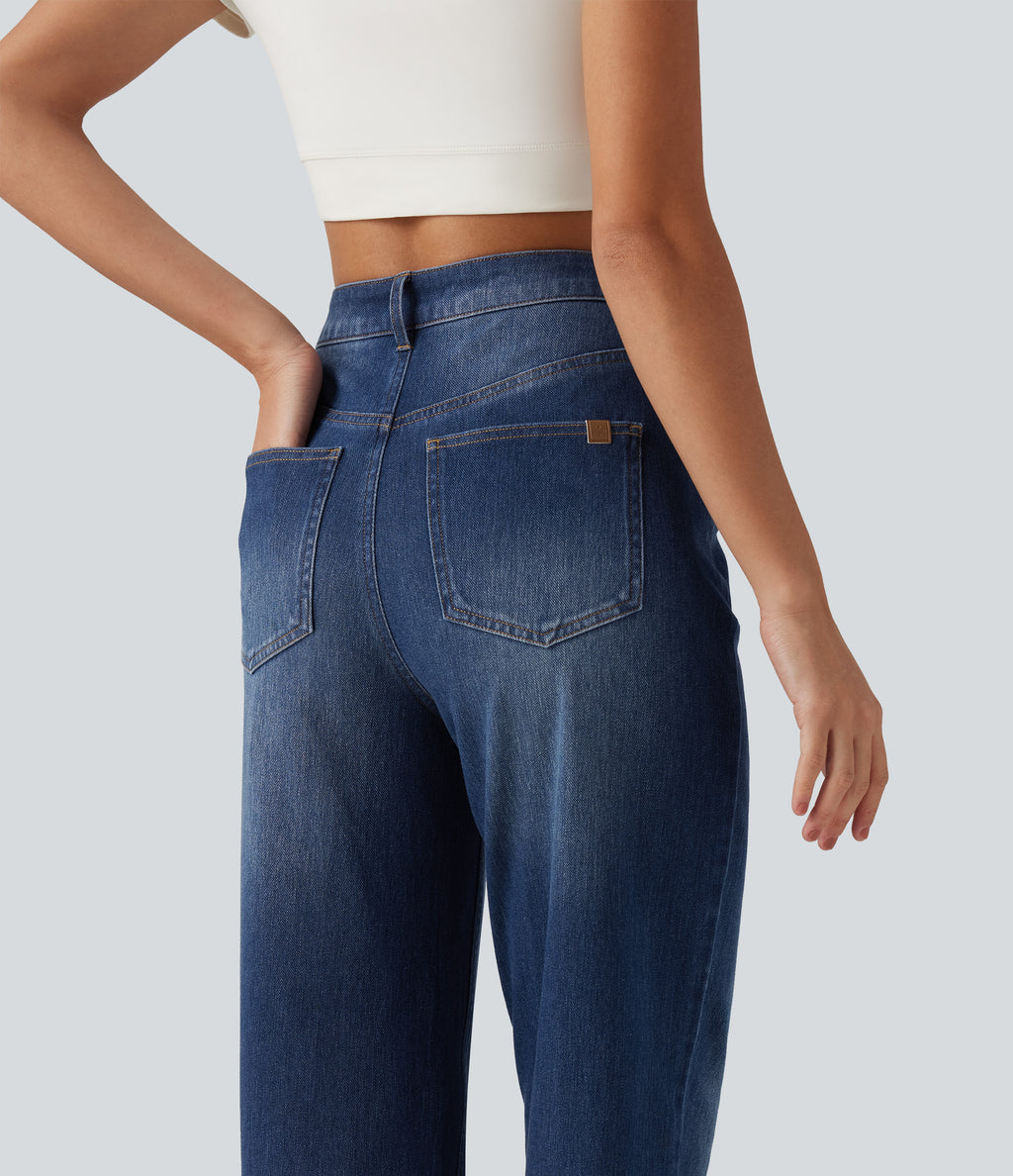 High Waisted Tapered Casual Jeans with Pockets — Tide Blue Denim — view 6