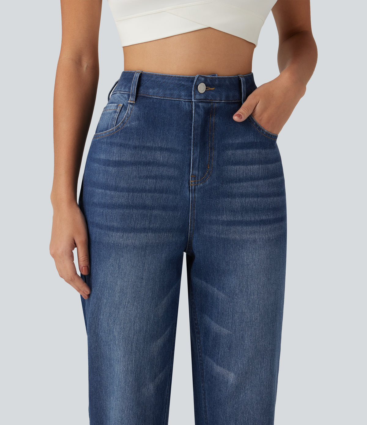 High Waisted Tapered Casual Jeans with Pockets — Tide Blue Denim — view 5