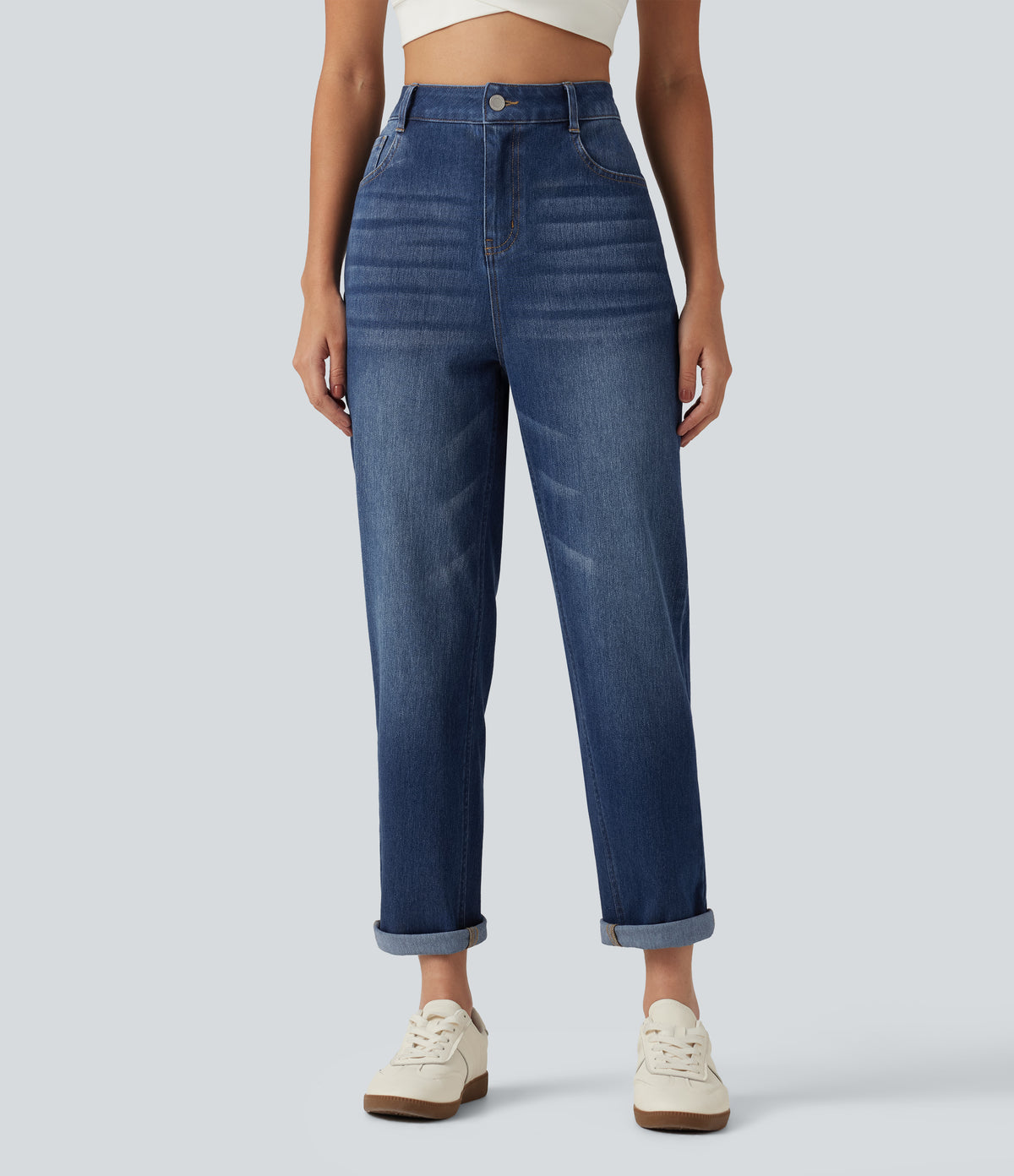 High Waisted Tapered Casual Jeans with Pockets — Tide Blue Denim — view 1