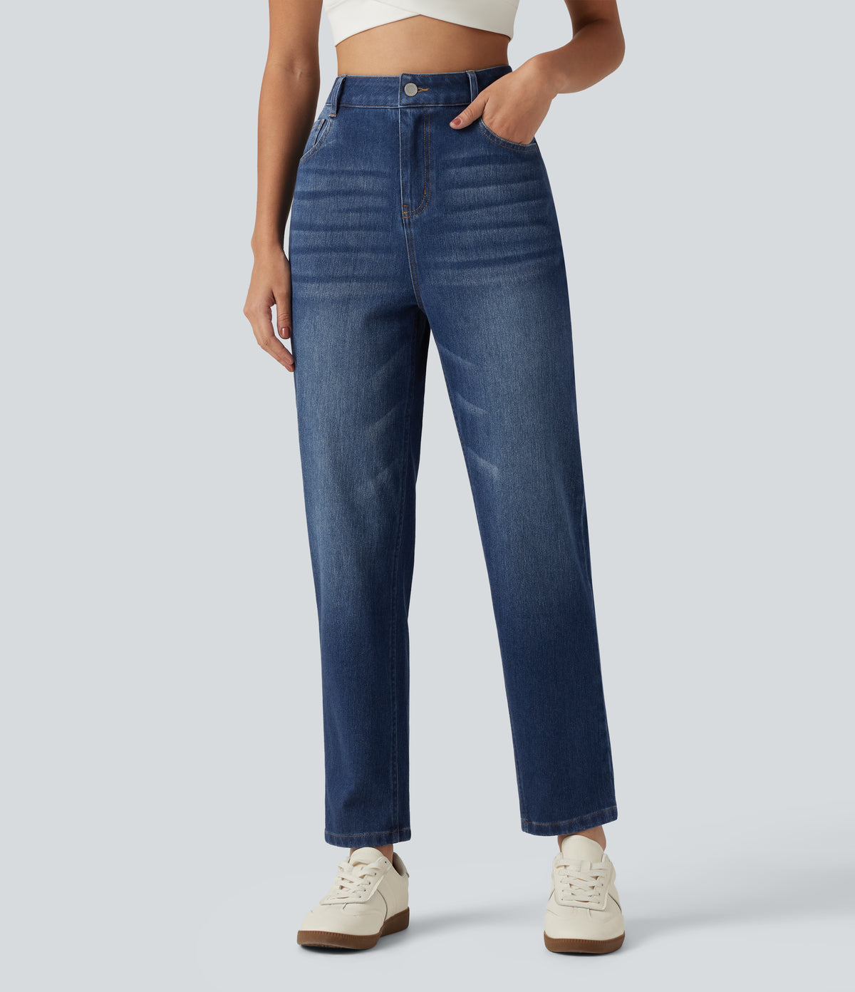 High Waisted Tapered Casual Jeans with Pockets — Tide Blue Denim — view 4