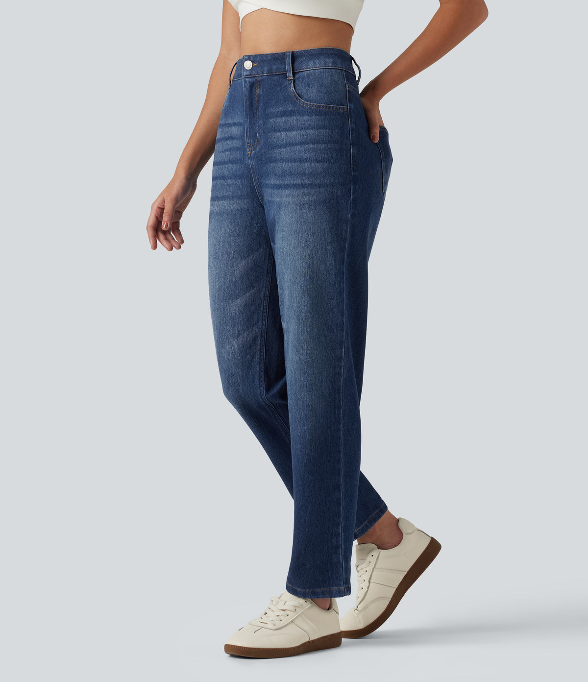 High Waisted Tapered Casual Jeans with Pockets — Tide Blue Denim — view 3