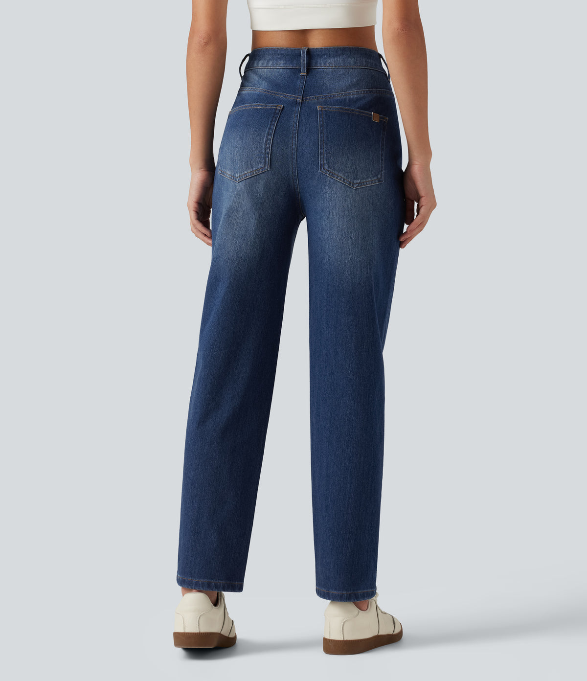 High Waisted Tapered Casual Jeans with Pockets — Tide Blue Denim — view 2