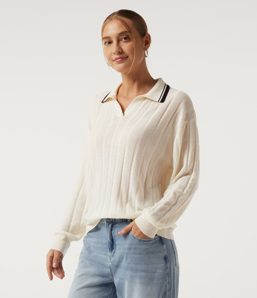 Long Sleeve Color Block Work Jumper — Rice Khaki — view 3