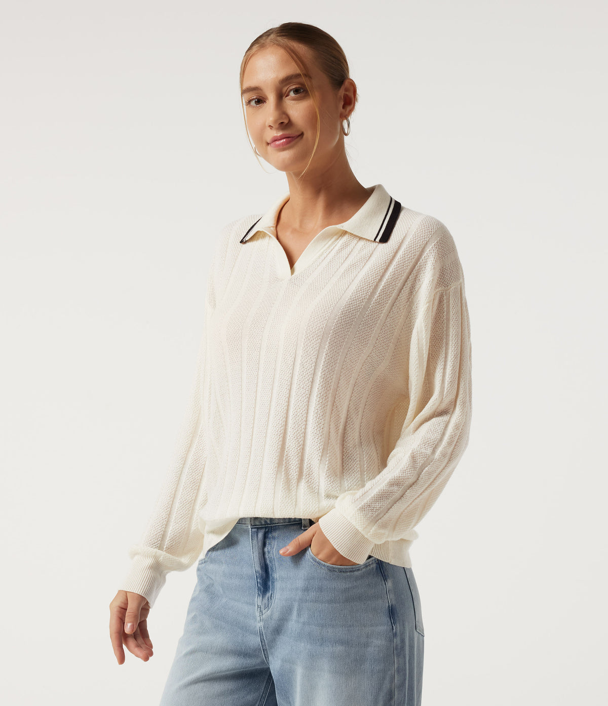 Long Sleeve Color Block Work Jumper — Rice Khaki — view 3