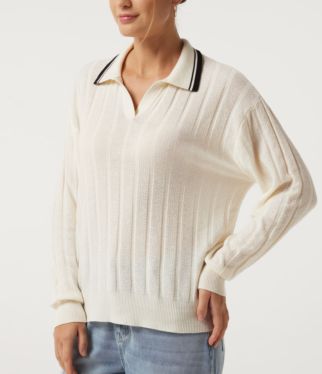 Long Sleeve Color Block Work Jumper — Rice Khaki — view 5