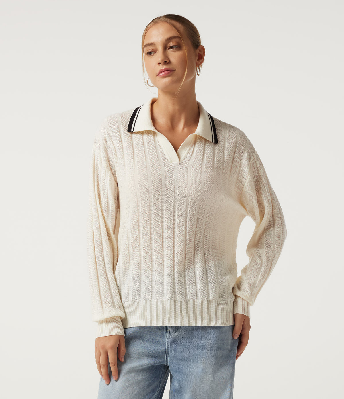 Long Sleeve Color Block Work Jumper — Rice Khaki — view 4