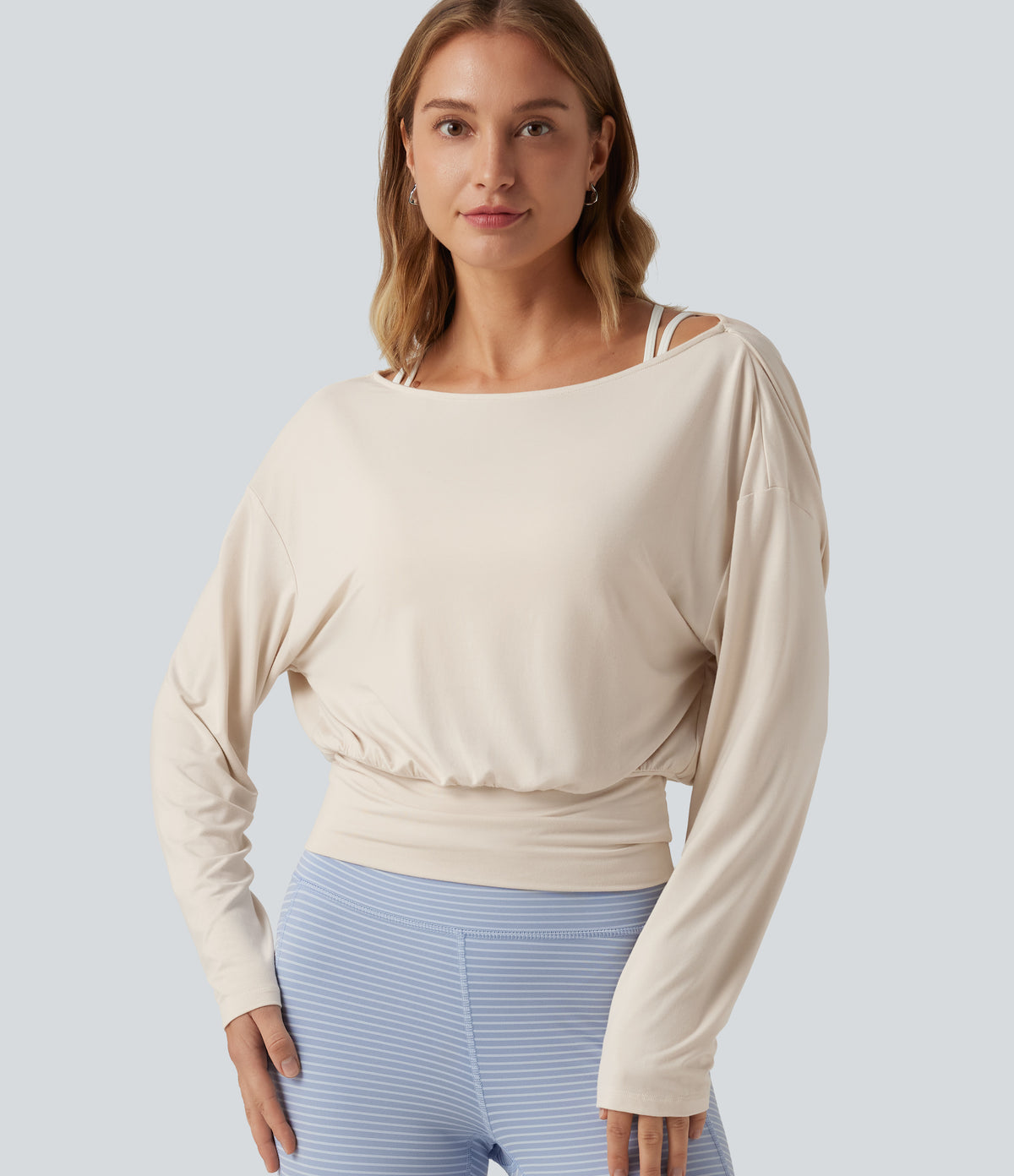 Boat Neck Drop Shoulder Long Sleeve Contrast Mesh Casual Top — Sandshell — view 1