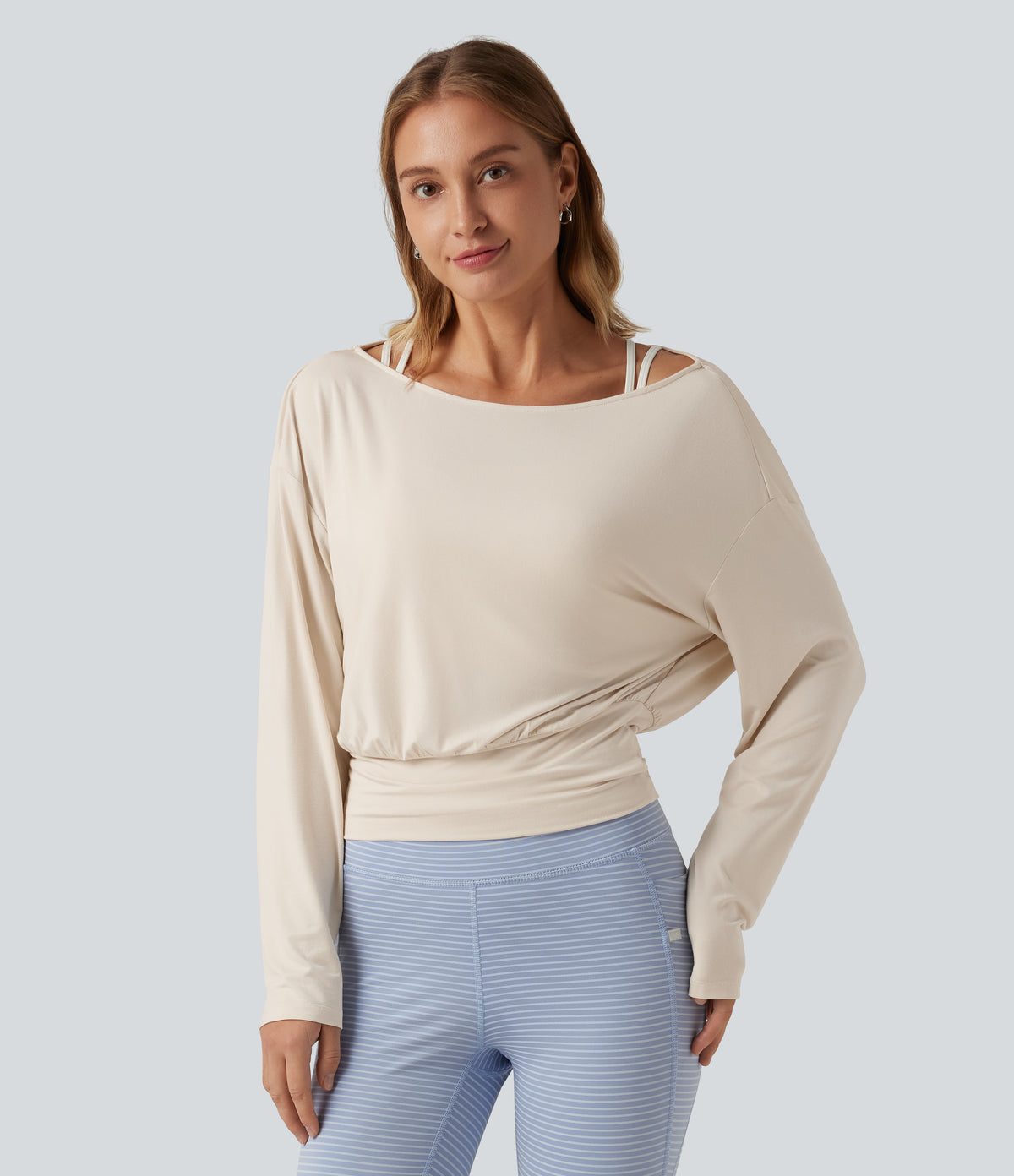 Boat Neck Drop Shoulder Long Sleeve Contrast Mesh Casual Top — Sandshell — view 4