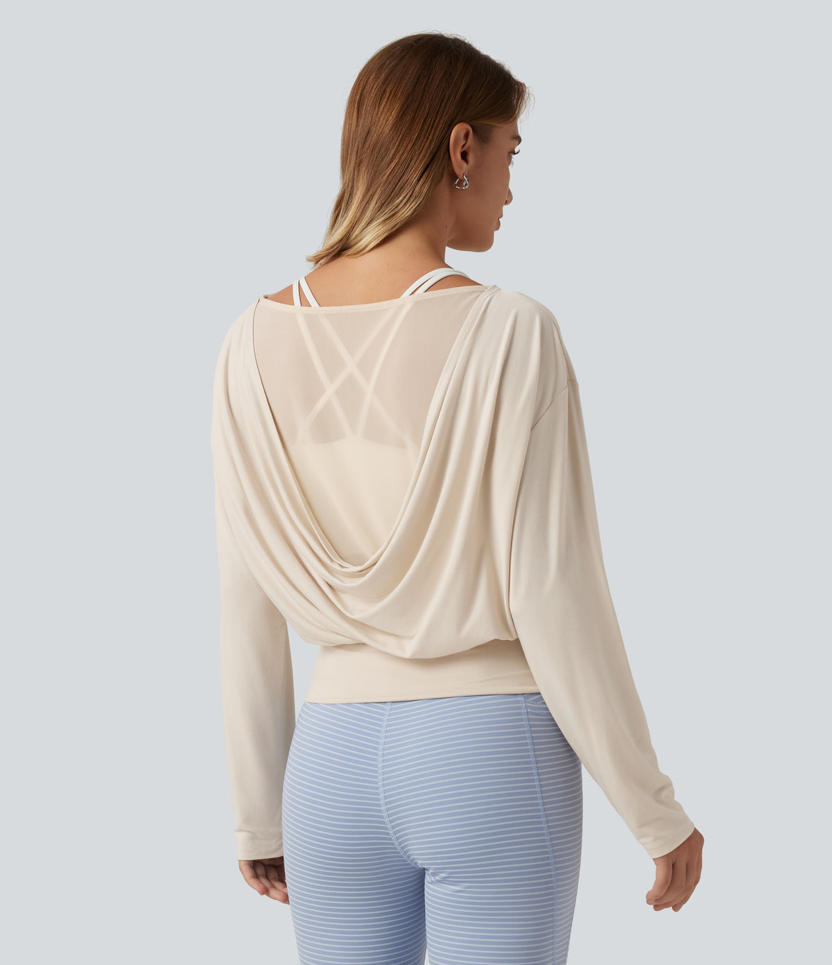 Boat Neck Drop Shoulder Long Sleeve Contrast Mesh Casual Top — Sandshell — view 2