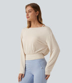Boat Neck Drop Shoulder Long Sleeve Contrast Mesh Casual Top — Sandshell — view 3