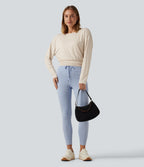Boat Neck Drop Shoulder Long Sleeve Contrast Mesh Casual Top — Sandshell — view 7