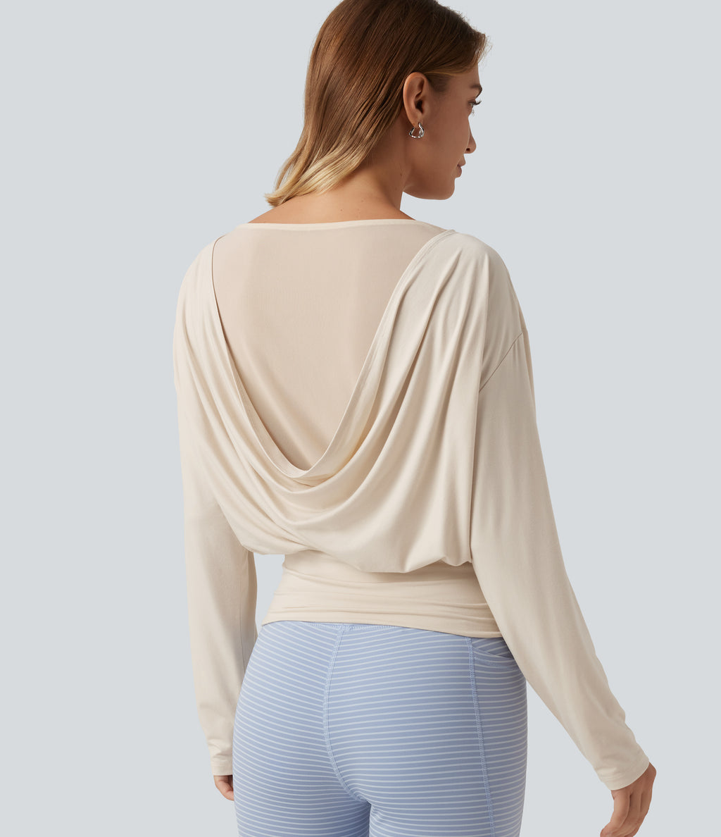 Boat Neck Drop Shoulder Long Sleeve Contrast Mesh Casual Top — Sandshell — view 5