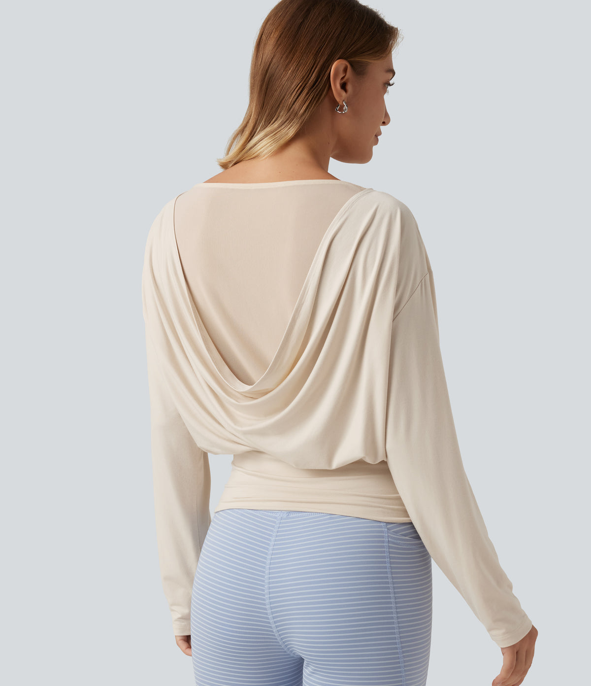 Boat Neck Drop Shoulder Long Sleeve Contrast Mesh Casual Top — Sandshell — view 5