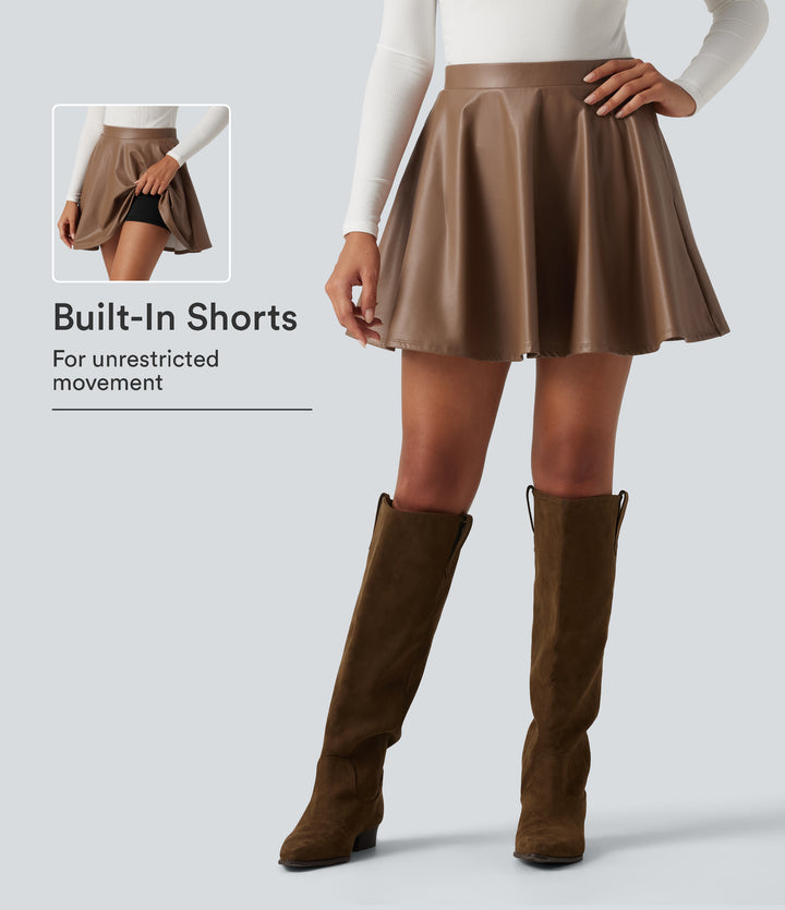 High Waisted 2-in-1 A Line Mini Fleece Casual PU Leather Skirt with Pockets — Rustic Brown — view 1