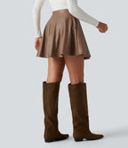 High Waisted 2-in-1 A Line Mini Fleece Casual PU Leather Skirt with Pockets — Rustic Brown — view 2