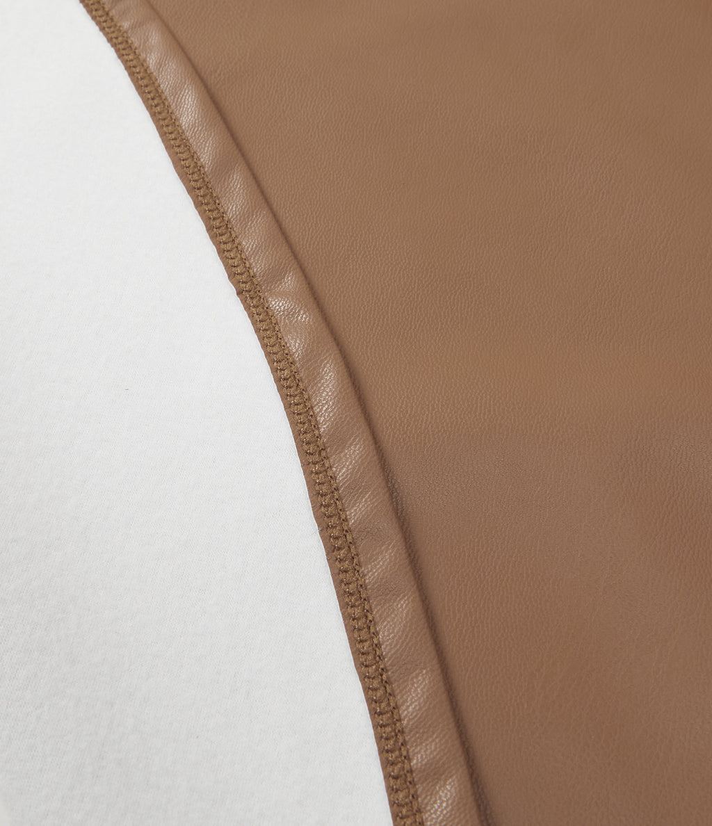 High Waisted 2-in-1 A Line Mini Fleece Casual PU Leather Skirt with Pockets — Rustic Brown — view 7