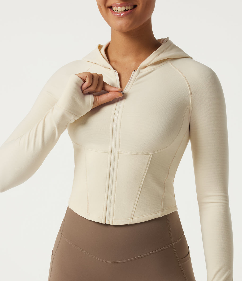 Hooded Long Sleeve Workout Jacket with Thumb Hole — Milky Yellow — view 8