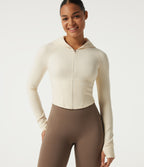 Hooded Long Sleeve Workout Jacket with Thumb Hole — Milky Yellow — view 4