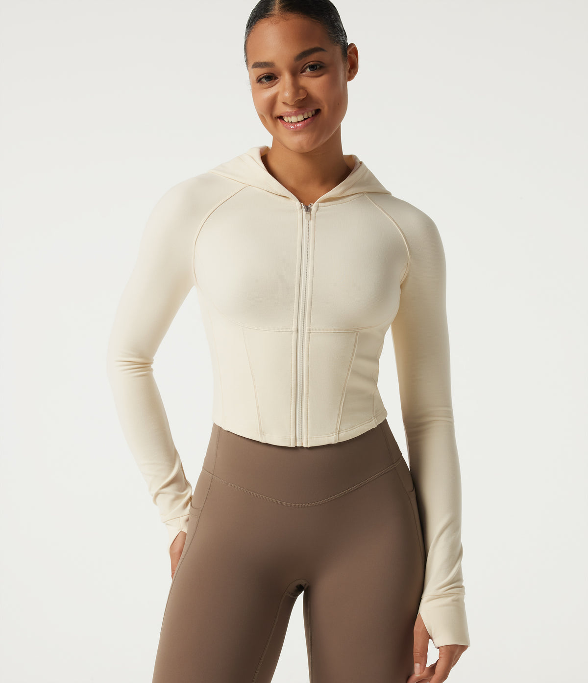 Hooded Long Sleeve Workout Jacket with Thumb Hole — Milky Yellow — view 4