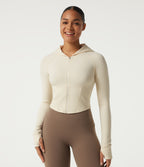 Hooded Long Sleeve Workout Jacket with Thumb Hole — Milky Yellow — view 1