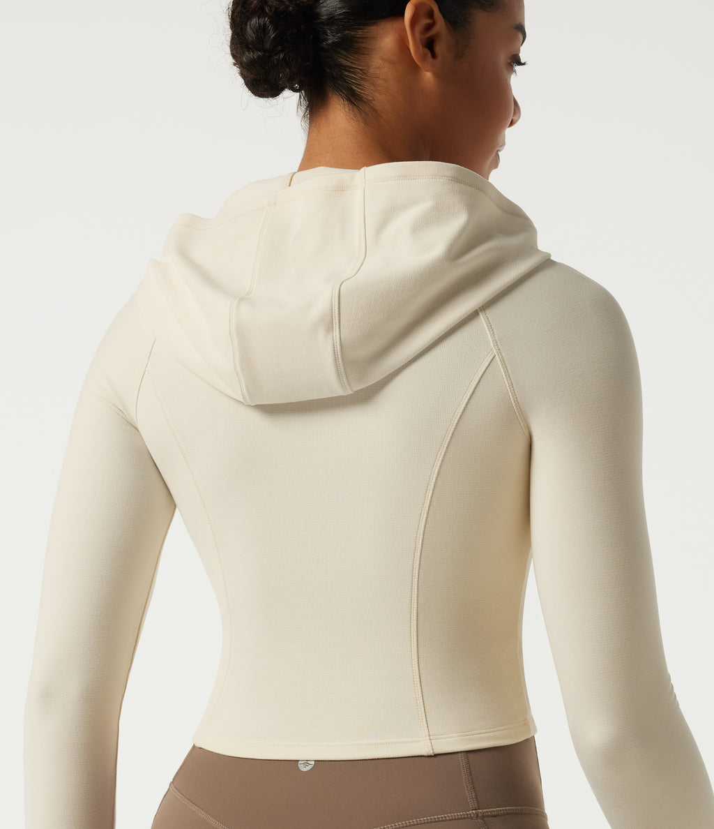 Hooded Long Sleeve Workout Jacket with Thumb Hole — Milky Yellow — view 7