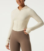 Hooded Long Sleeve Workout Jacket with Thumb Hole — Milky Yellow — view 5