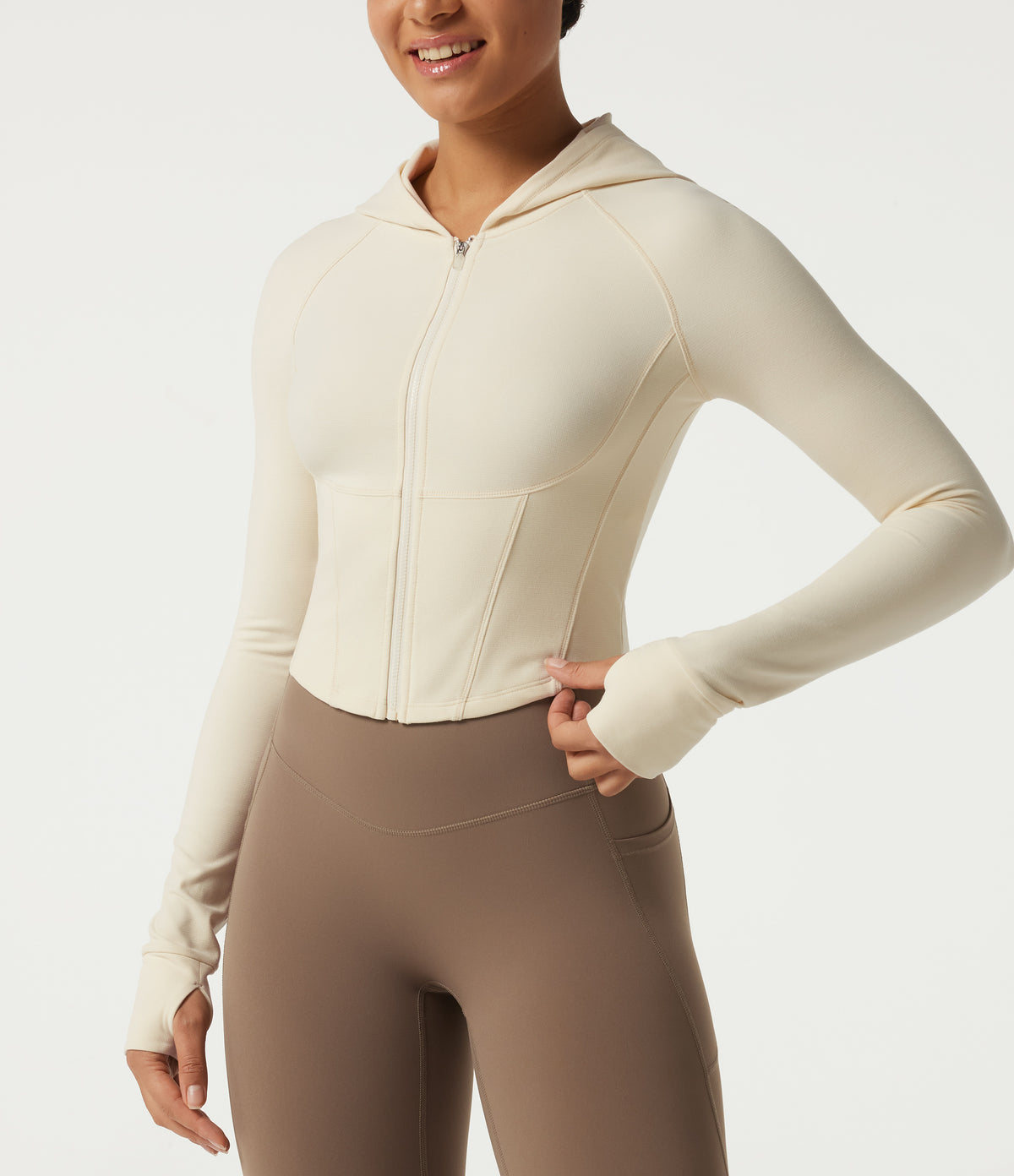 Hooded Long Sleeve Workout Jacket with Thumb Hole — Milky Yellow — view 5