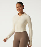 Hooded Long Sleeve Workout Jacket with Thumb Hole — Milky Yellow — view 3